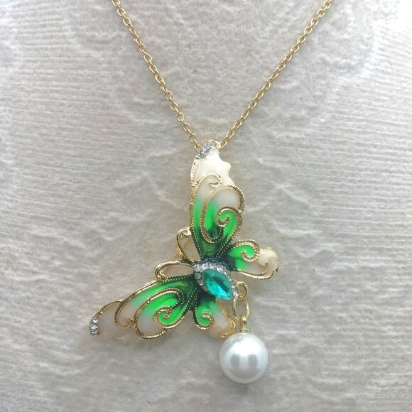 Winged Butterfly Brooch Pendant Combo NEW Pin Green Cream Enamel Faux Pearl Drop - Picture 7 of 9